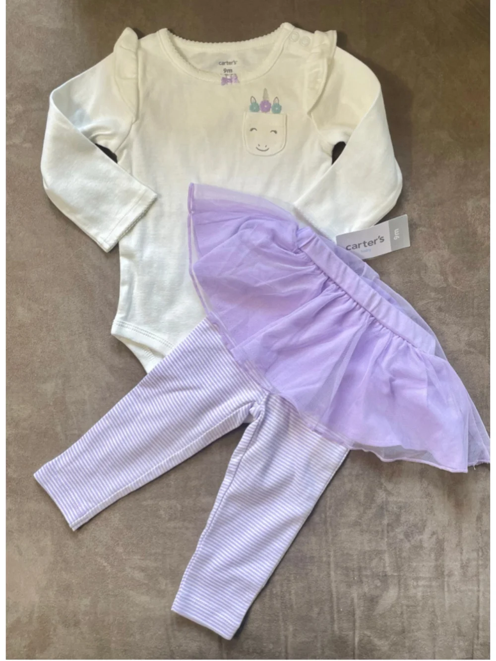 NWT Carter's Baby Girl 2 Piece Set 9M White Purple Unicorn tutu Pants